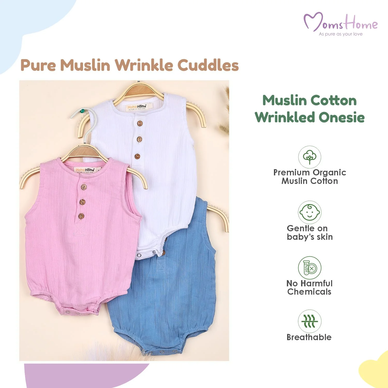 Baby Organic Cotton Onesie | White, Pink , Blue , Light Brown | Pack of 4 - Image 12