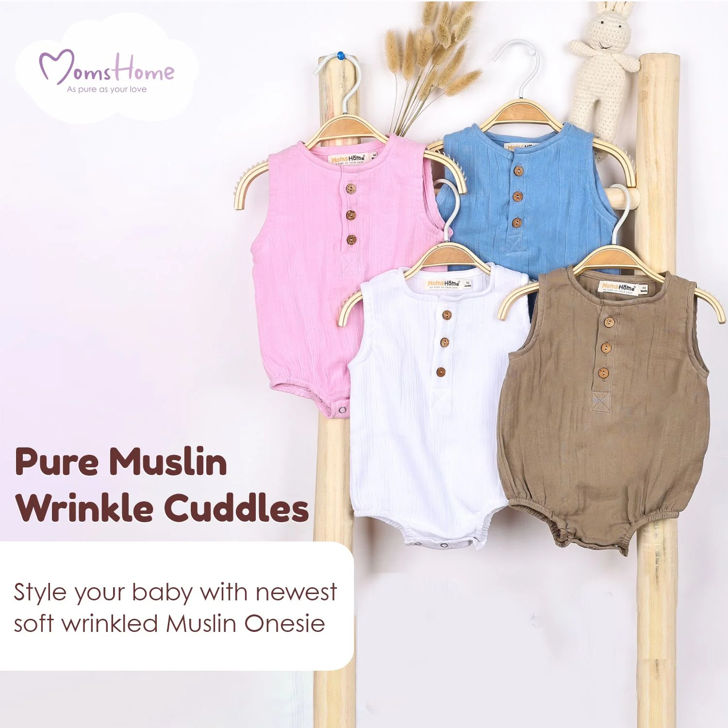 Baby Organic Cotton Onesie | White, Pink , Blue , Light Brown | Pack of 4 - Image 13