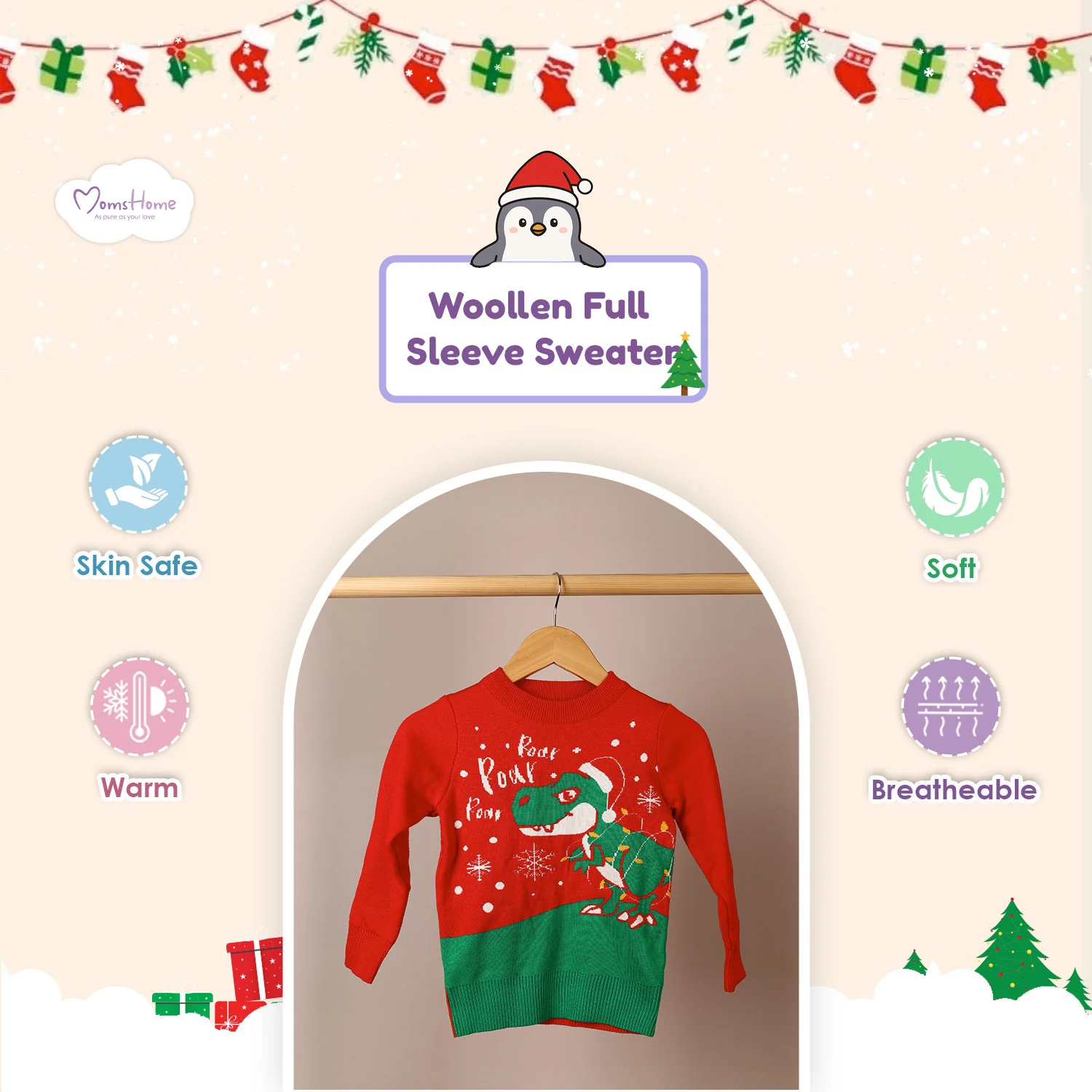 Organic Cotton Unisex Baby Winter Sweaters Dinosaur Red - Image 3