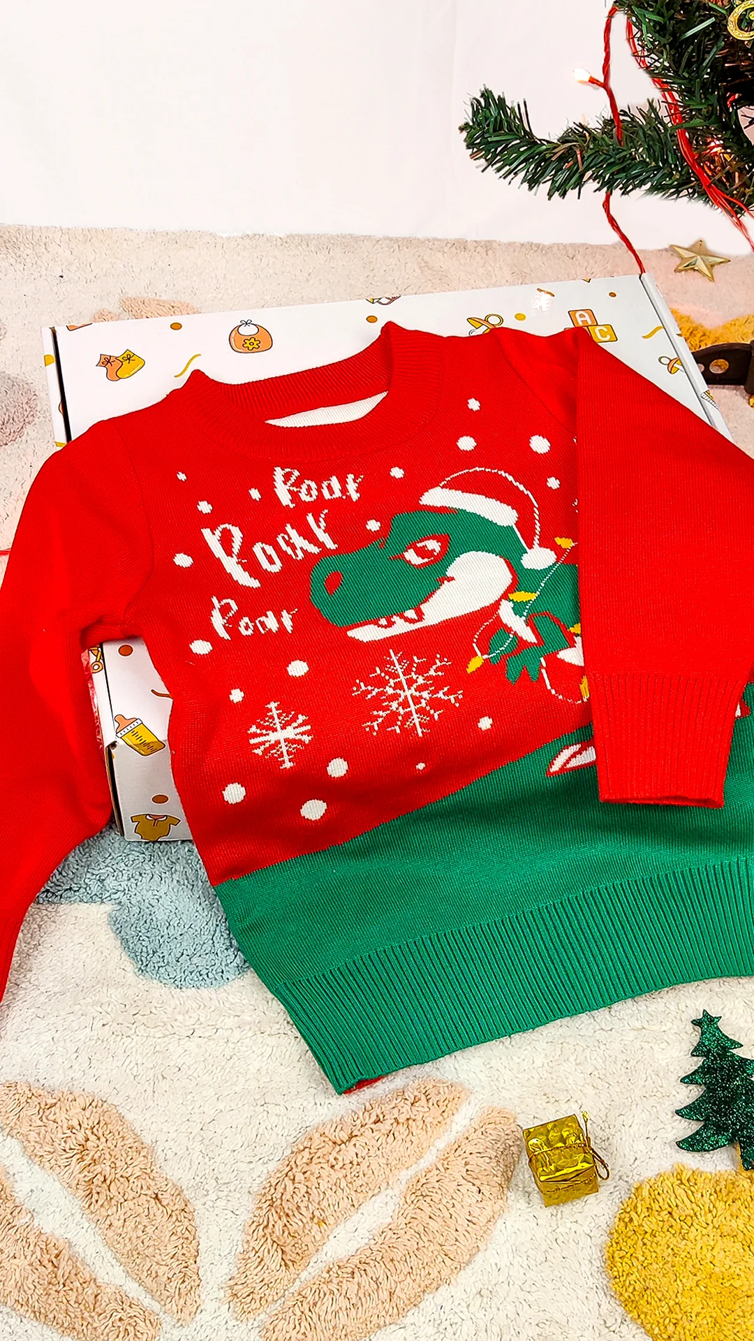Organic Cotton Unisex Baby Winter Sweaters Dinosaur Red - Image 5