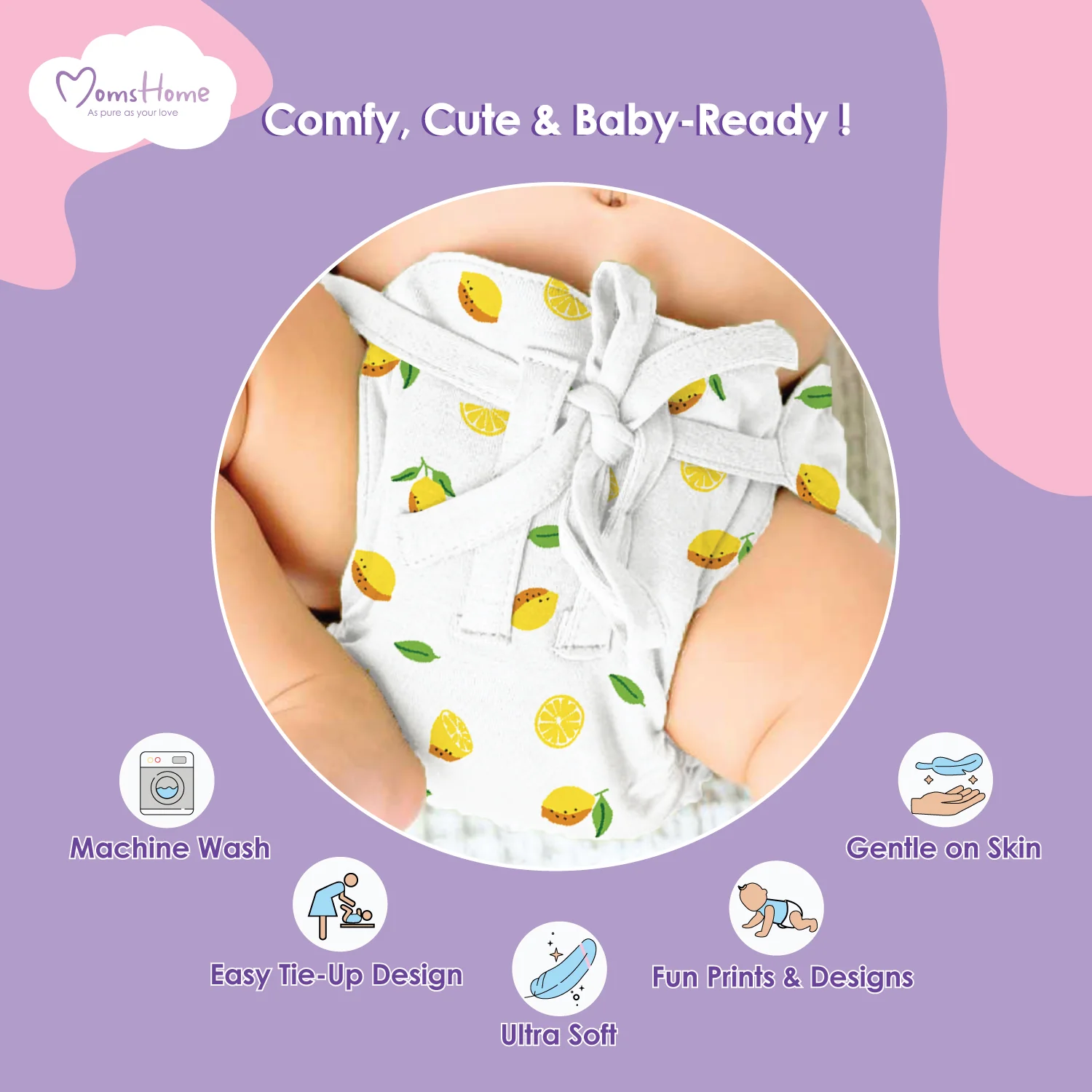 Printed Cushioned Nappies Combo | Organic Cotton Nappies For New Born Baby | 0-6 Months | Heart, Lemon, Bunny | Pack of 3 - Image 7