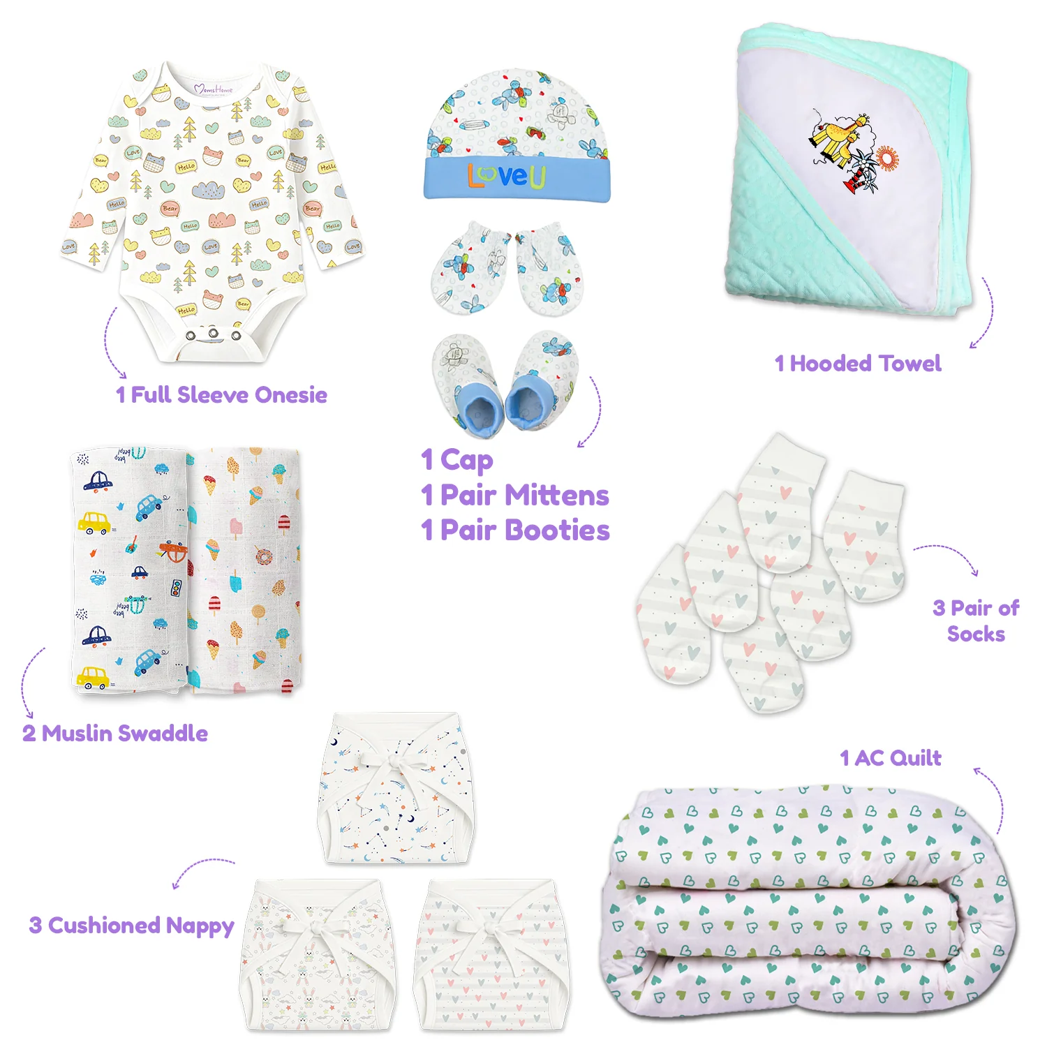 Winter Hospital Kit For Newborn Baby | New Born Baby Essentials Gift Combo | 26 Items | Mixed Design - Image 8