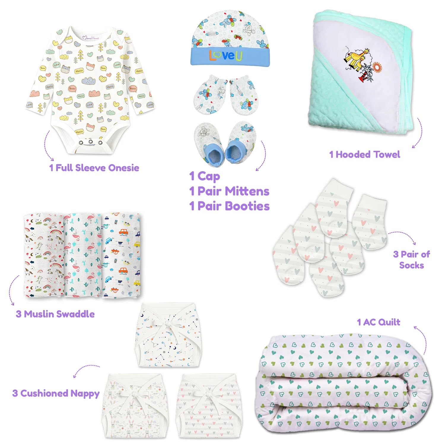 Winter Hospital Kit For Newborn Baby | New Born Baby Essentials Gift Combo | 27 Items | Mixed Design - Image 9
