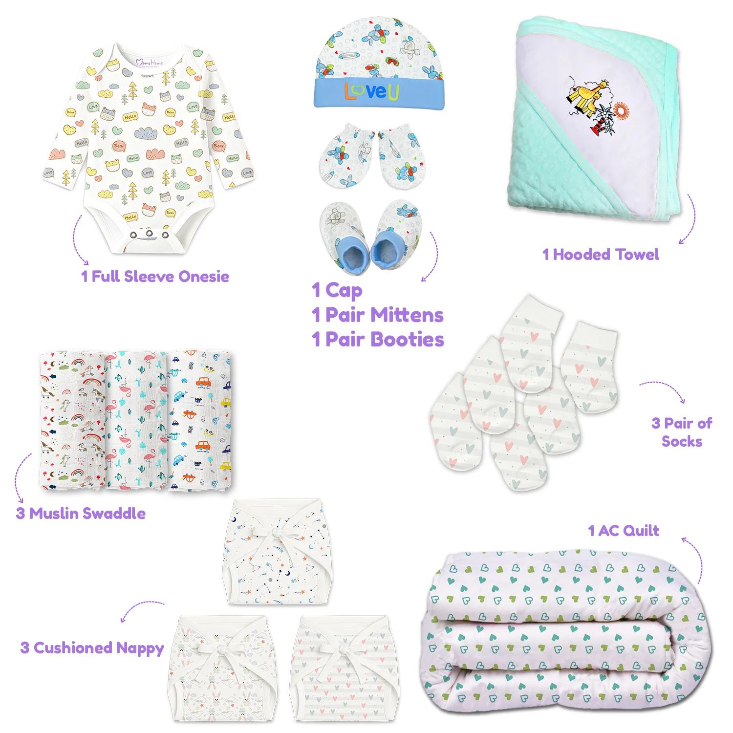 Winter Hospital Kit For Newborn Baby | New Born Baby Essentials Gift Combo | 29 Items | Mixed Design - Image 8