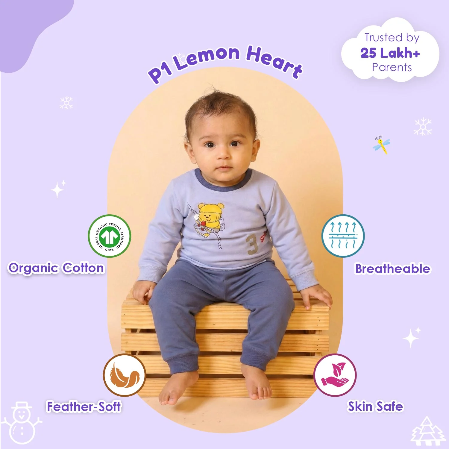 Winter Warm Full Sleeve Co-ord Sets For Baby | Cotton Baby Clothing Set | Blue | 3-12 Months | Set of 1 - Image 2