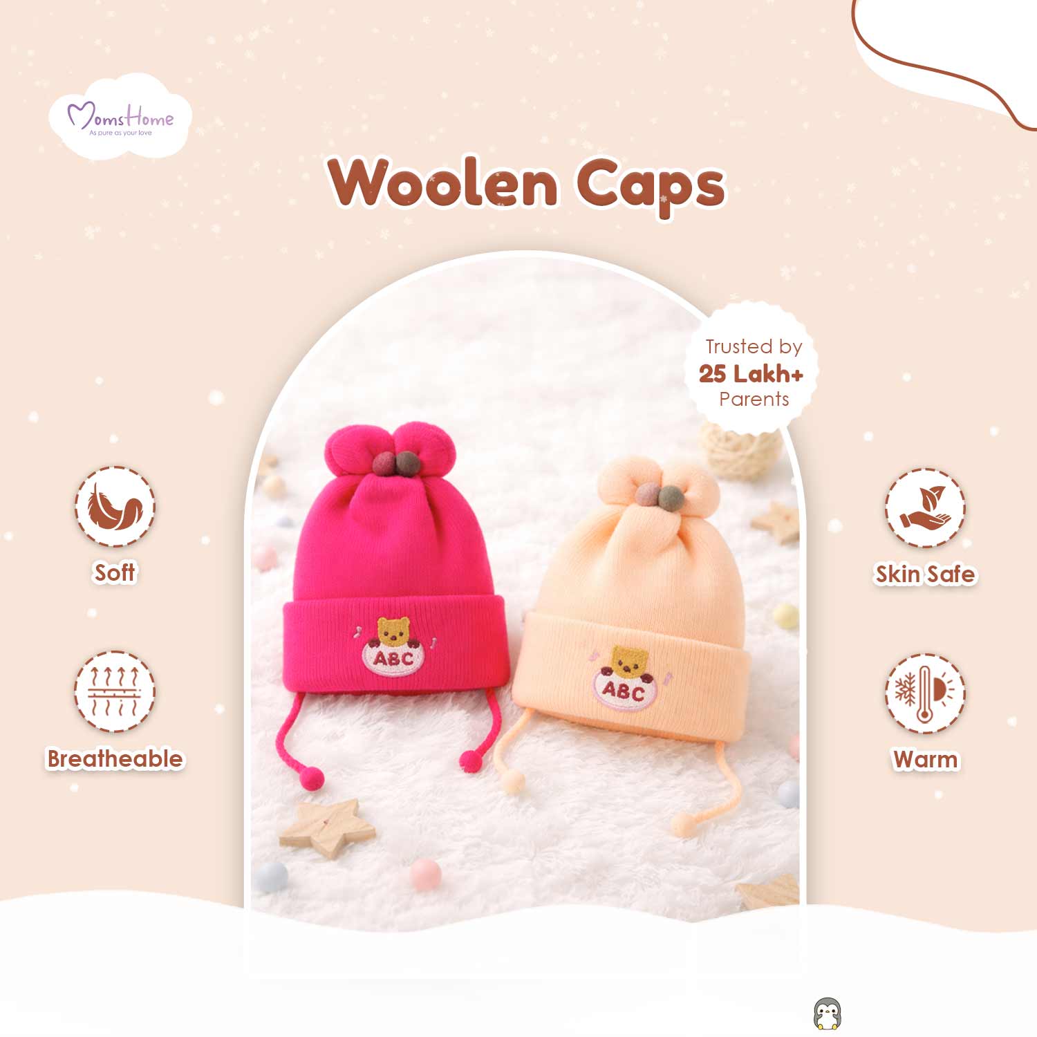 Winter Warm Woolen Baby Cap For 0–12 Months | Soft Infant Beanie Hat | Newborn Winter Headwear | Pack of 2 - Image 6