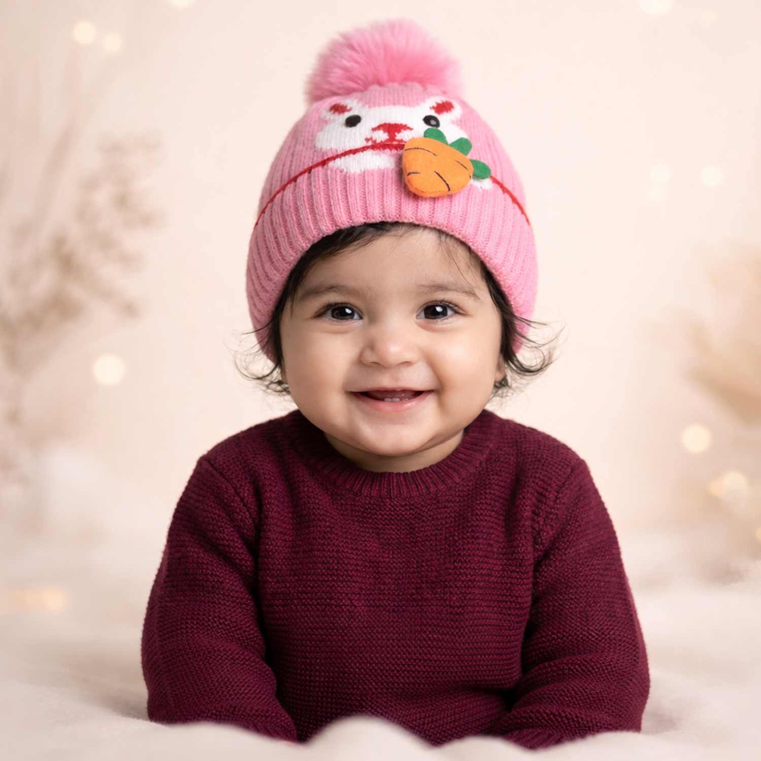 Winter Warm Woolen Baby Cap For 0–12 Months | Soft Infant Beanie Hat | Newborn Winter Headwear | Pack of 2 - Image 2