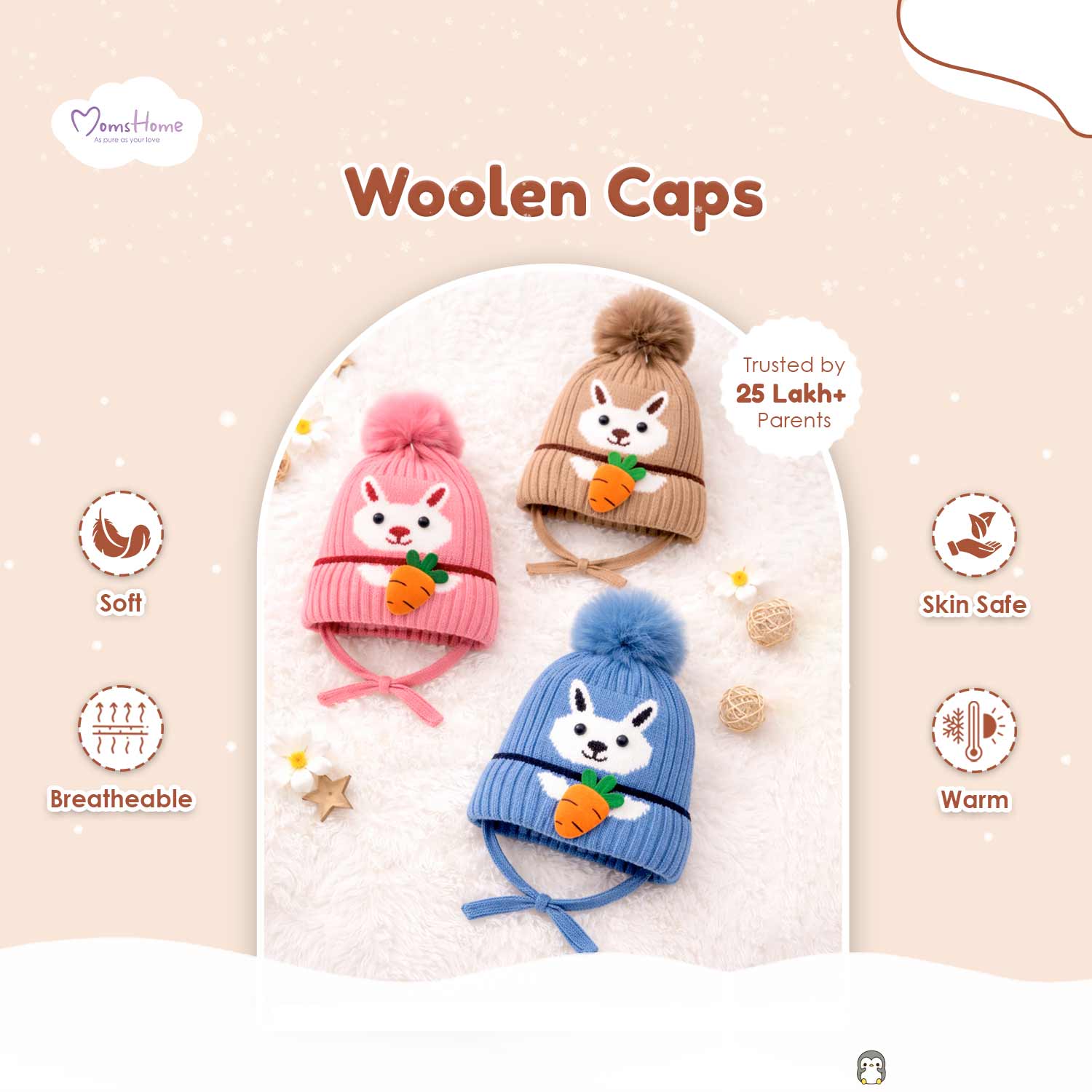 Winter Warm Woolen Baby Cap For 0–12 Months | Soft Infant Beanie Hat | Newborn Winter Headwear | Pack of 3 - Image 5