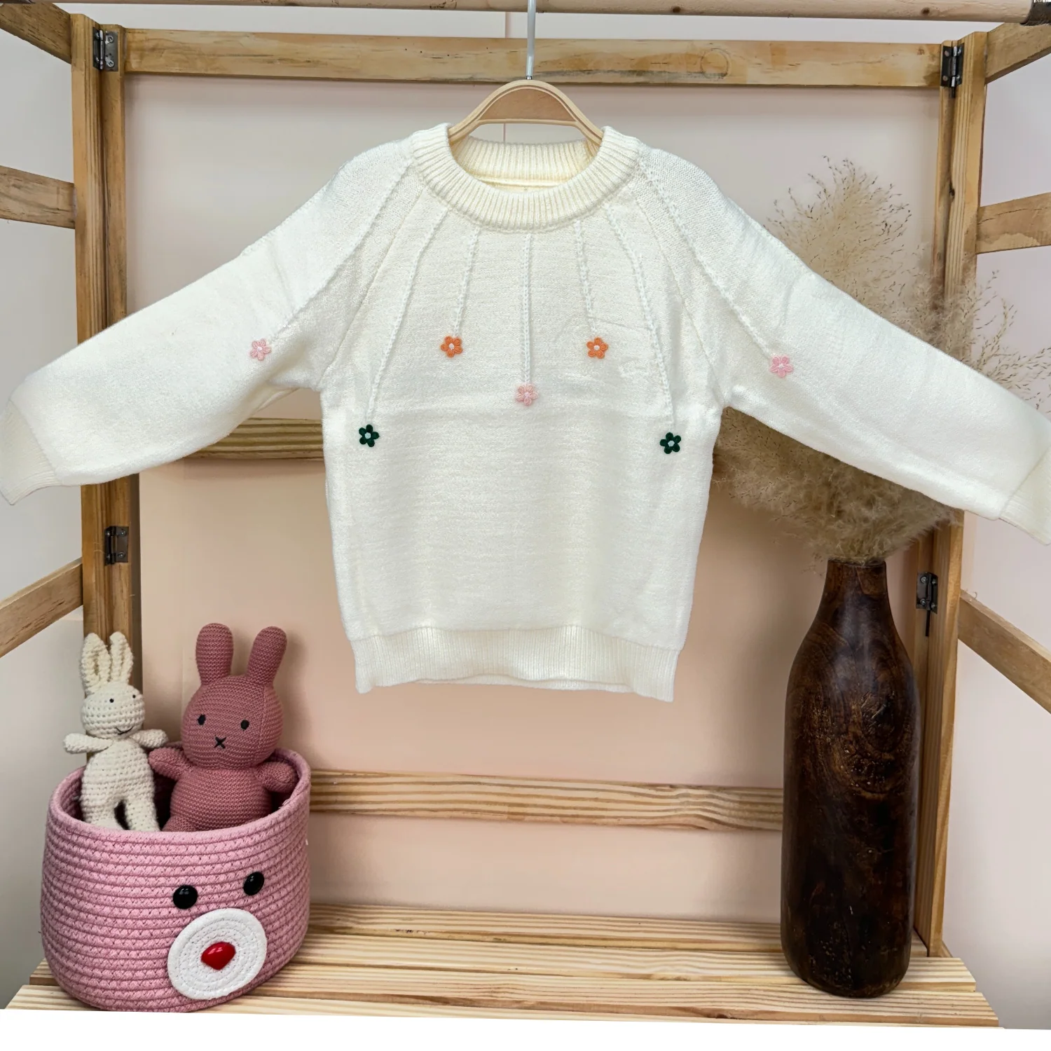Winter Warm Woollen Full Sleeve Sweater For Baby | Multicolor Flowers | Pack of 1 - Image 4